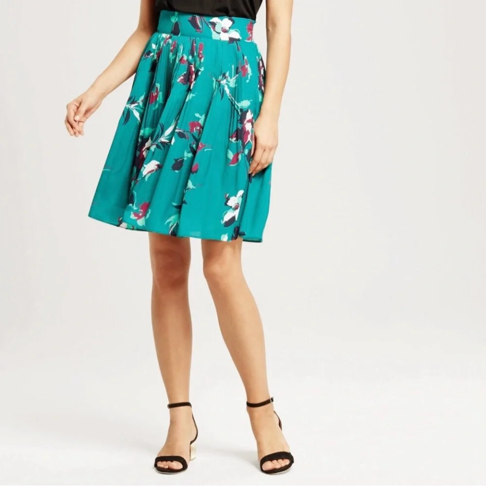 Merona Windward Green Floral Print Pleated Elastic Waist Skirt Size Medium